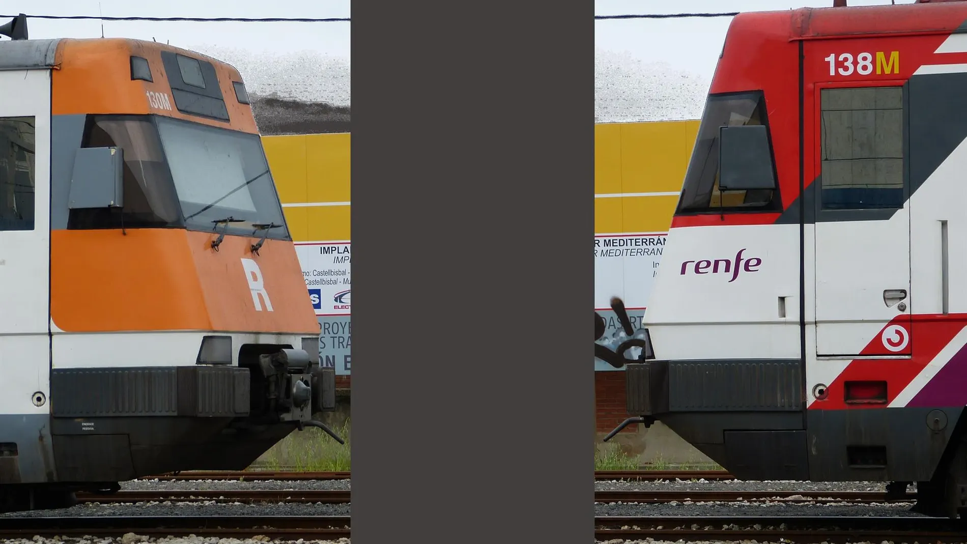 Trenes de Rodalies con la pintura de la Generalitat y la de Renfe.