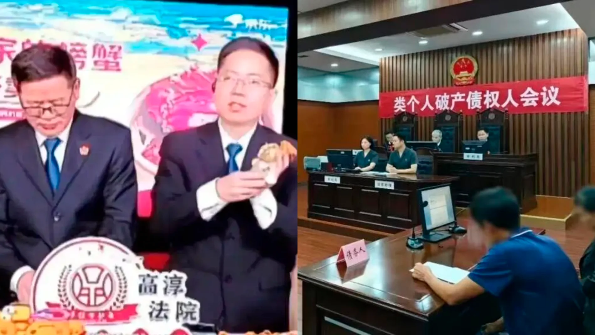 Tres jueces en China se convierten en streamers para pagar la deuda de una familia subastando cangrejos