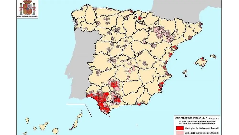 Municipios de riesgo clasificados por el grado de medidas contra la gripe aviar