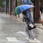 Una persona se resguarda con un paraguas de la lluvia y el viento