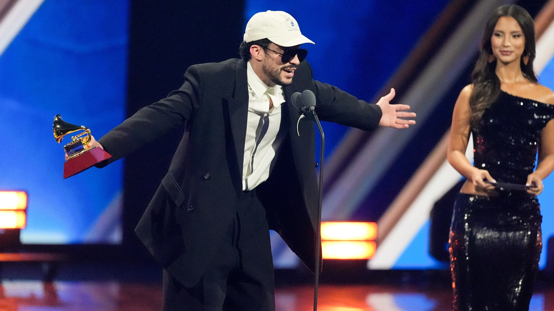 Bad Bunny accepts the award for Album of the Year during the 2025 Latin Grammys on Thursday, Nov. 13, 2025, at MGM Grand in Las Vegas. (AP Photo/Chris Pizzello)