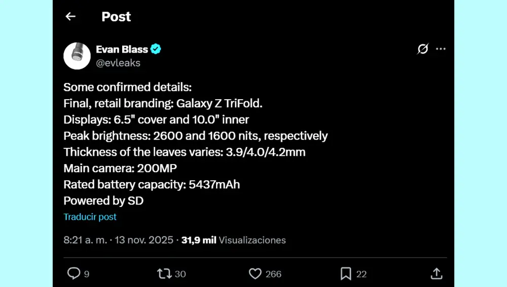 Este es el post publicado en X por Evan Blass acerca del Samsung Galaxy Z TriFold