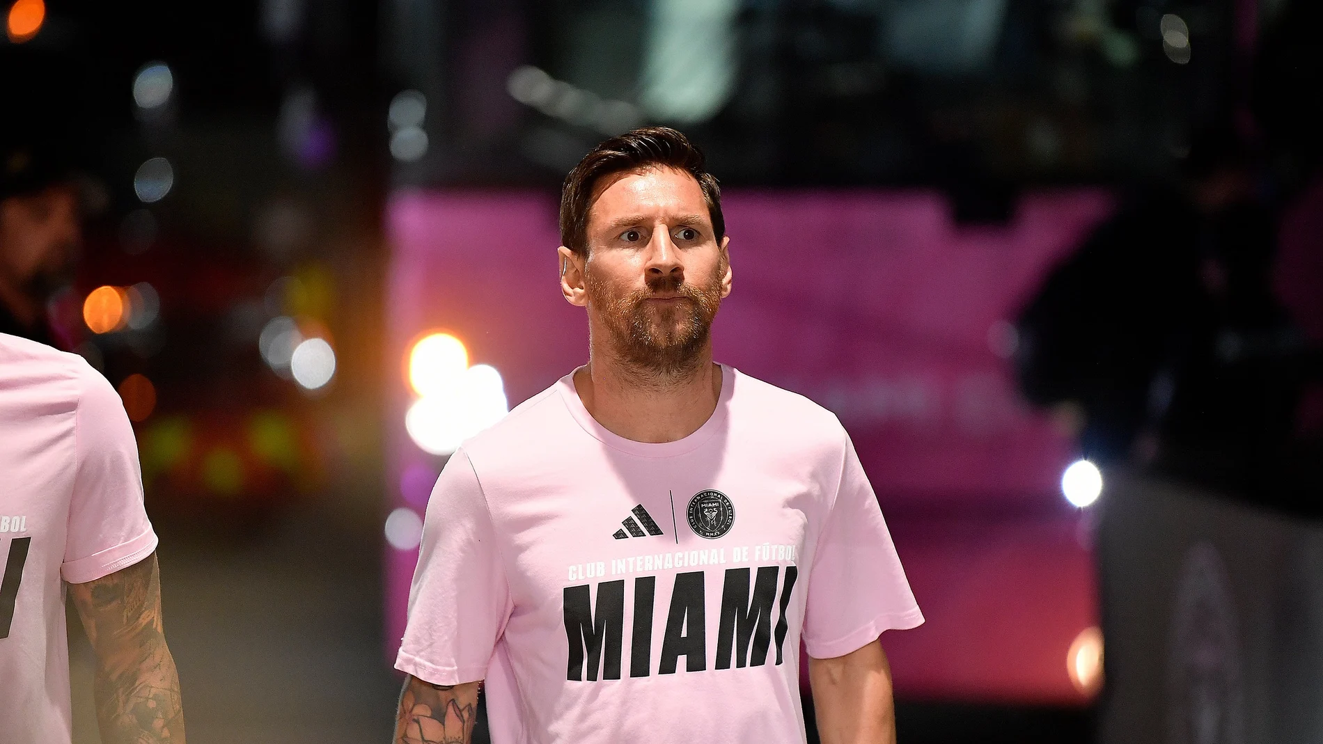 Inter Miami forward Lionel Messi walks to the field before Game 3 in the first round of MLS soccer's Western Conference playoffs against Nashville SC, in Fort Lauderdale, Fla., Nov. 8, 2025.