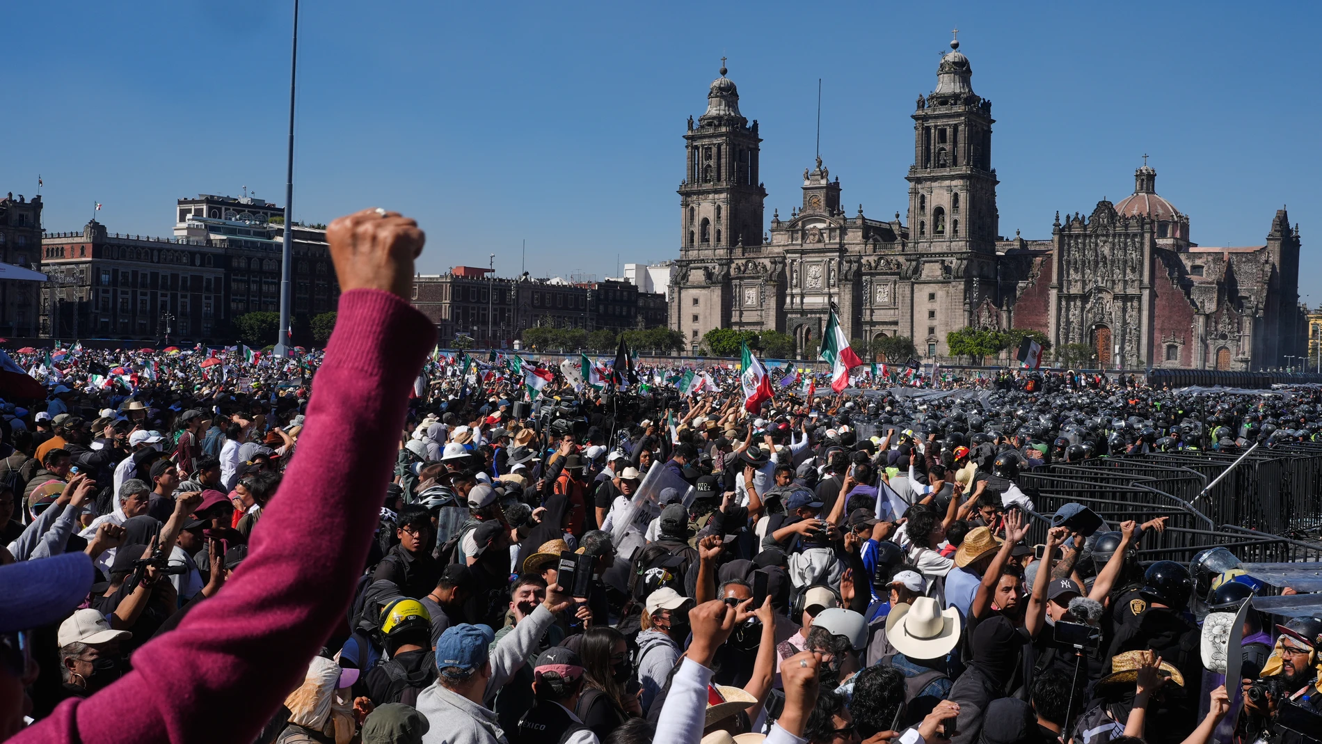 Protesters take part in a youth anti-government march in Mexico City, Saturday, Nov. 15, 2025. (AP Photo/Marco Ugarte)