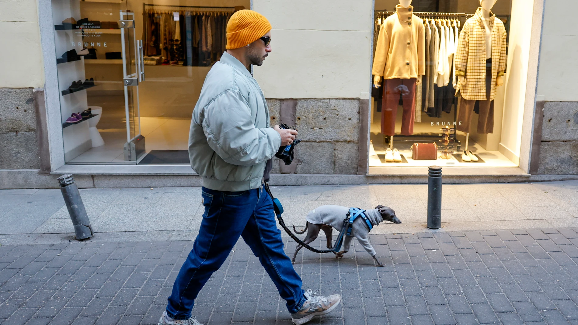 MADRID, 19/11/2025.- Una persona y su perro pasean abrigados por el centro de Madrid, este miércoles. Continúa el frío en Madrid con temperaturas mínimas en los 0 grados y heladas débiles en el extremo oriental y en la Sierra, donde podrán ser moderadas en zonas altas, según la predicción de la Agencia Estatal de Meteorología (Aemet). EFE/ Mariscal
