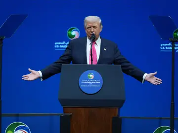 Trump Saudi Arabia President Donald Trump speaks during the Saudi Investment Forum at the Kennedy Center, Wednesday, Nov. 19, 2025, in Washington. (AP Photo/Evan Vucci)