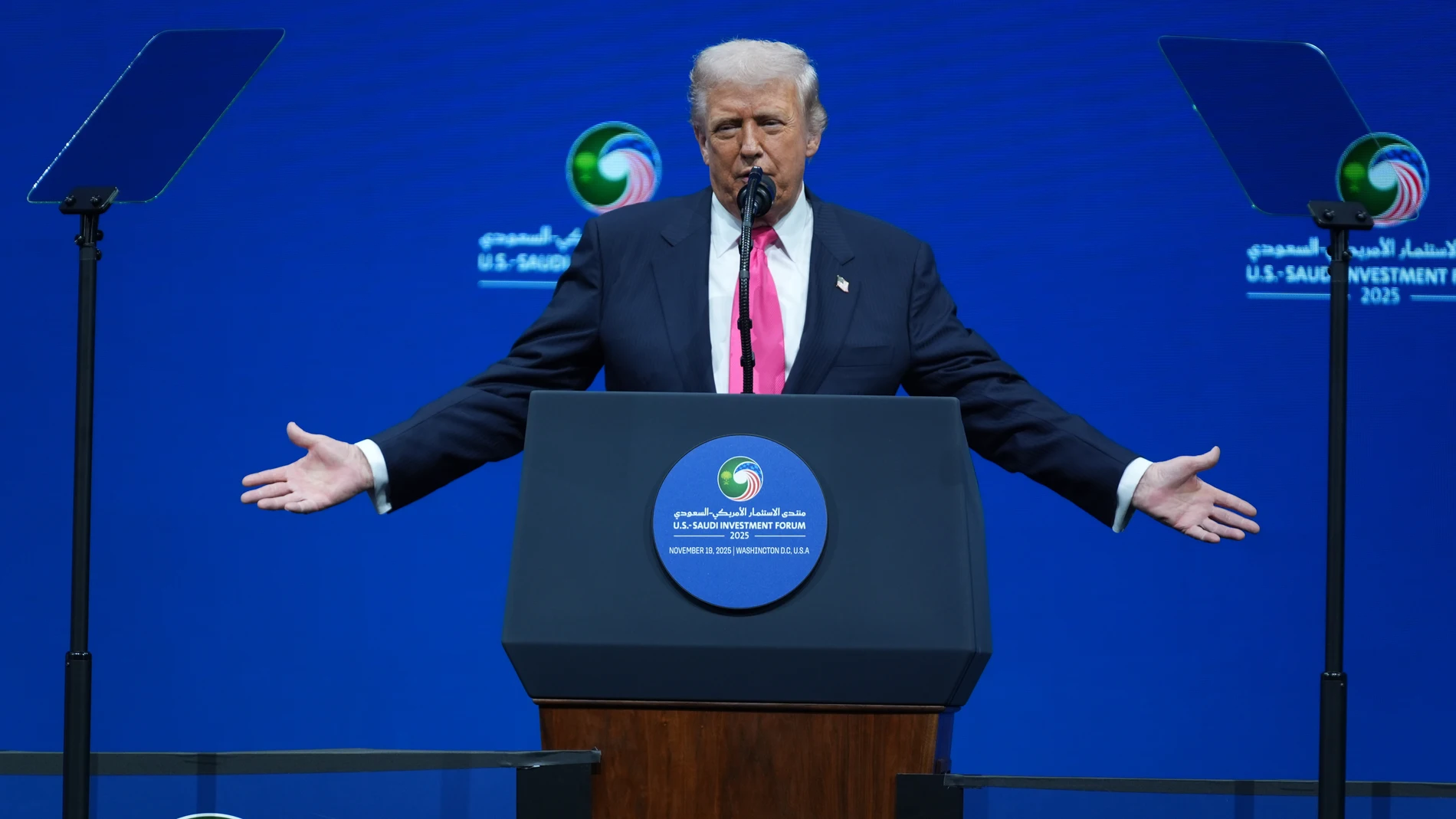 President Donald Trump speaks during the Saudi Investment Forum at the Kennedy Center, Wednesday, Nov. 19, 2025, in Washington. (AP Photo/Evan Vucci)