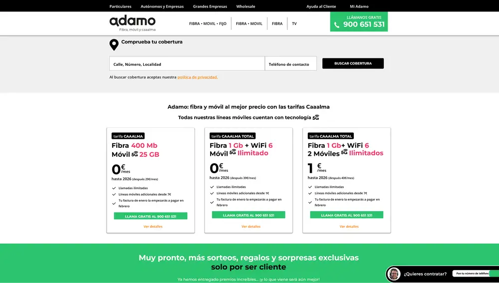 Las tarifas a 0 euros en la web de Adamo