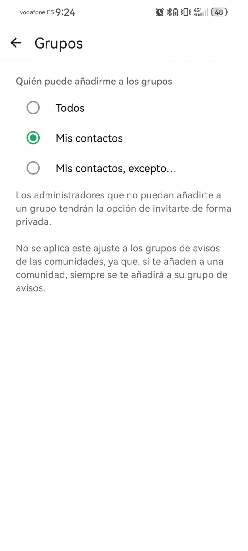 Aquí es donde puedes configurar la privacidad de grupos