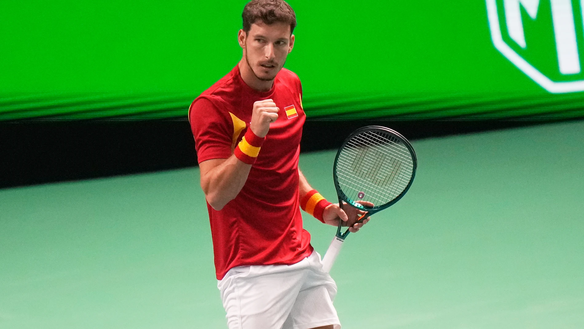 Spain's Pablo Carreno Busta reacts during a Davis Cup singles semifinal tennis match against Germany's Jan Lennard Struff between Spain and Germany, in Bologna, Italy, Saturday, Nov. 22, 2025. (AP Photo/Luca Bruno)