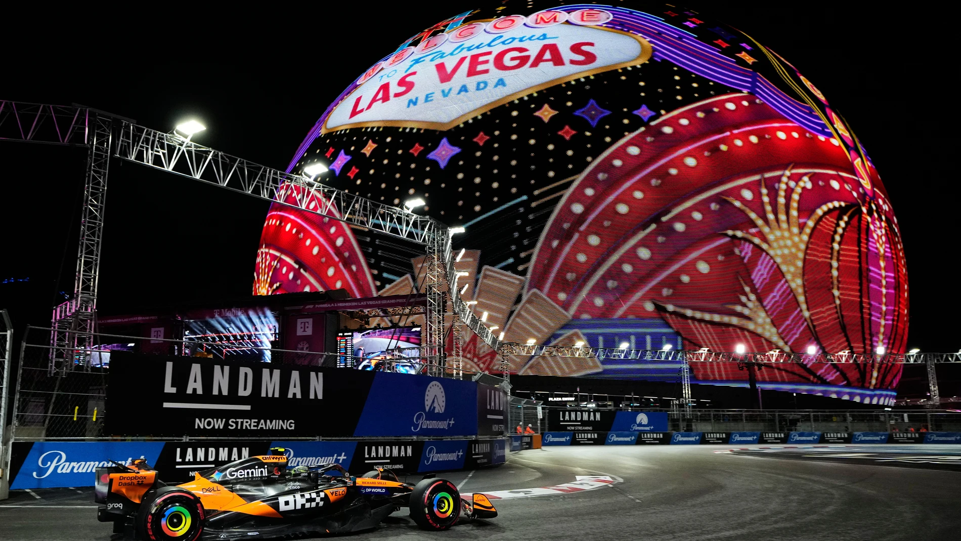 McLaren driver Lando Norris of Great Britain drives during a practice session at the Formula One Las Vegas Grand Prix auto race, Friday, Nov. 21, 2025 in Las Vegas. (AP Photo/John Locher)