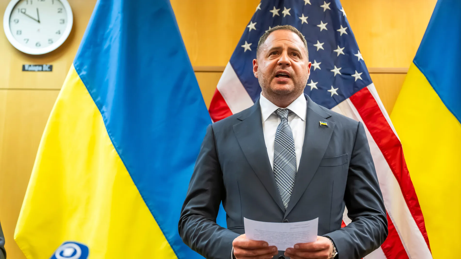 Ukrainian head of presidential administration Andriy Yermak talks to the press during a joint statement with US Secretary of state Marco Rubio as their consultations continue at the US Permanent Mission in Geneva, Switzerland, Sunday, Nov. 23, 2025. (Martial Trezzini/Keystone via AP)