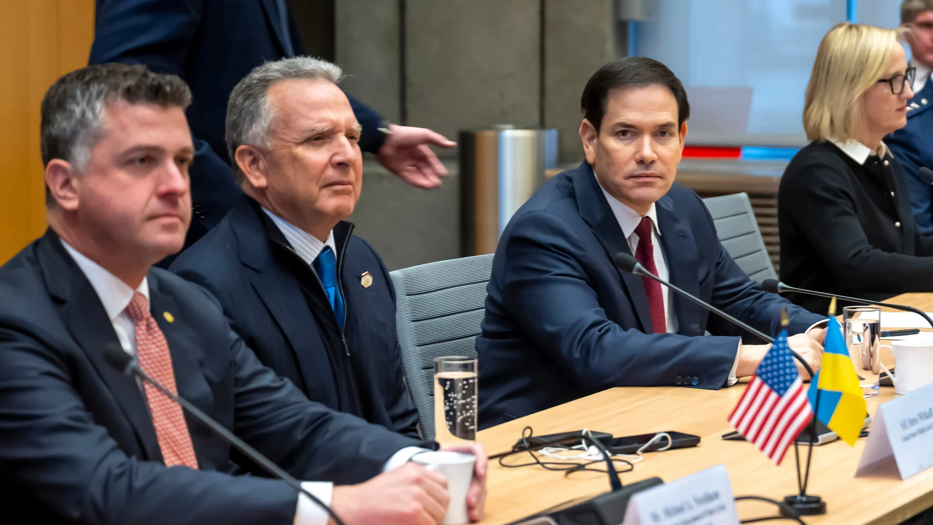 US presidential envoy Steve Witkoff, second left, and US Secretary of state Marco Rubio, right, at the beginning of talks with the Ukrainian delegation at the US Permanent Mission in Geneva, Switzerland, Sunday, Nov. 23, 2025. (Martial Trezzini/Keystone via AP)