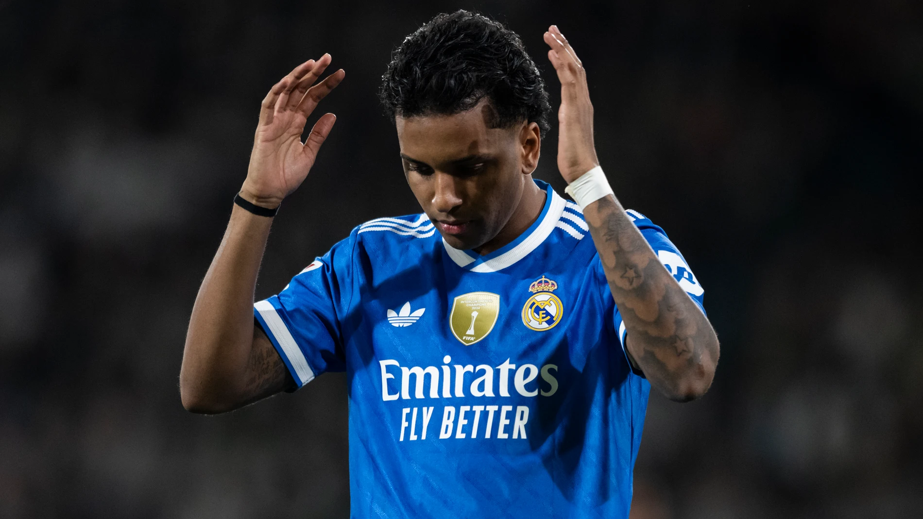 Rodrygo of Real Madrid CF gestures during the Spanish league, La Liga EA Sports, football match played between Elche CF and Real Madrid C.F. at Manuel Martinez Valero Stadium on November 23, 2025 in Elche, Spain. AFP7 23/11/2025 ONLY FOR USE IN SPAIN