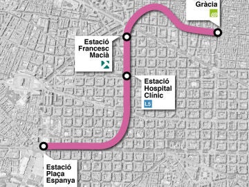 Mapa de la prolongación de la L8 de los Ferrocarrils de la Generalitat de Catalunya (FGC) en Barcelona.