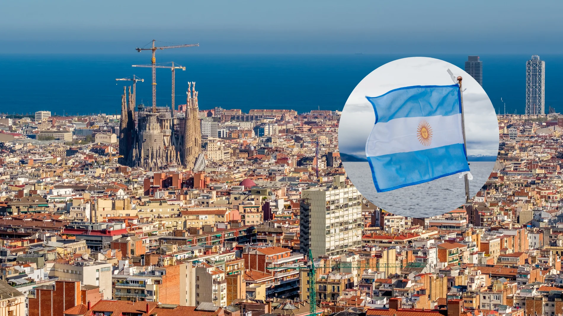 Imagen de Barcelona junto a una bandera argentina