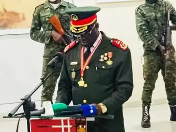 Guinea Bissau Unrest In this photo taken from video provided by TGB Guinea-Bissau, Guinea-Bissau's new junta leader Gen. Horta Inta-A, takes an oath of office in Bissau, Guinea-Bissau, Thursday, Nov. 27, 2025. (TGB Guinea-Bissau via AP)