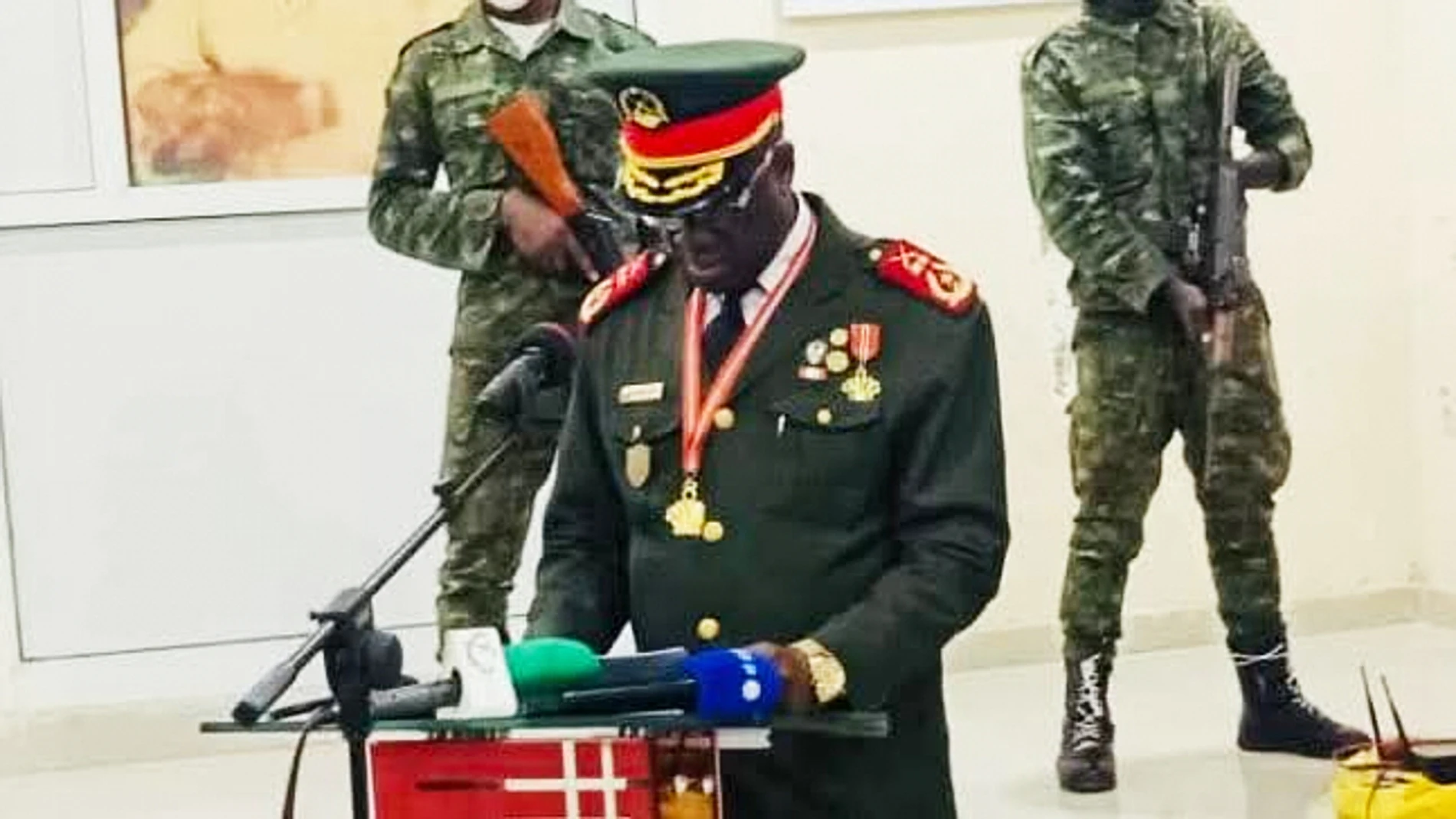 In this photo taken from video provided by TGB Guinea-Bissau, Guinea-Bissau's new junta leader Gen. Horta Inta-A, takes an oath of office in Bissau, Guinea-Bissau, Thursday, Nov. 27, 2025. (TGB Guinea-Bissau via AP)