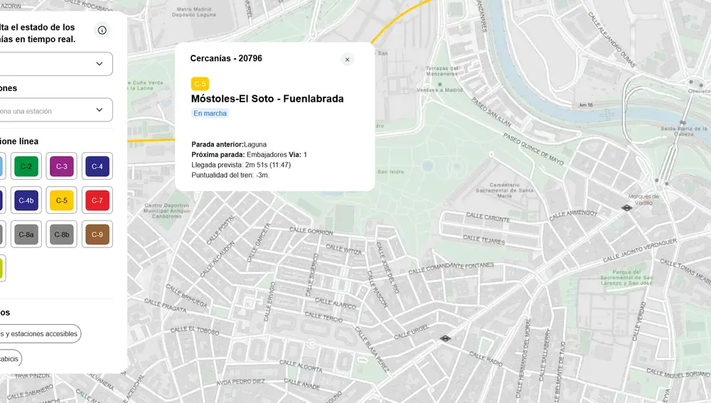 Al pulsar en un tren, se muestra la información clave sobre él