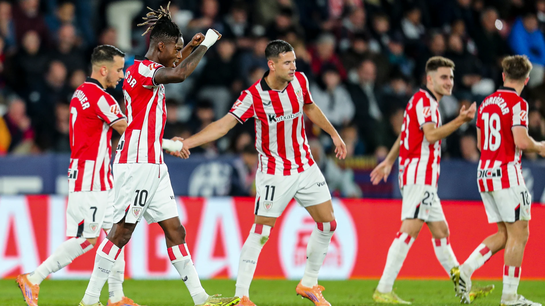 Nico Williams of Athletic Club celebrates a goal with teammates during the Spanish league, LaLiga EA Sports, football match played between Levante UD and Athletic Club Bilbao at Ciutat de Valencia stadium on November 29, 2025, in Valencia, Spain. AFP7 29/11/2025 ONLY FOR USE IN SPAIN