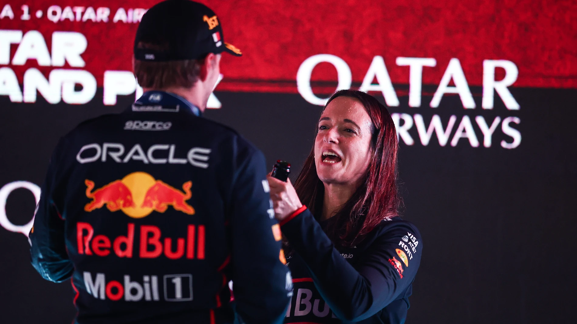 SCHMITZ Hannah, Principal Strategy Engineer of Red Bull Racing, portrait and VERSTAPPEN Max (ned), Red Bull Racing RB21, portrait podium during the 2025 Formula 1 Qatar Grand Prix, 23th round of the 2025 FIA Formula One World Championship from November 28 to 30, 2025 on the Lusail International Circuit, in Lusail, Qatar - Photo Eric Alonso / DPPI AFP7 30/11/2025 ONLY FOR USE IN SPAIN