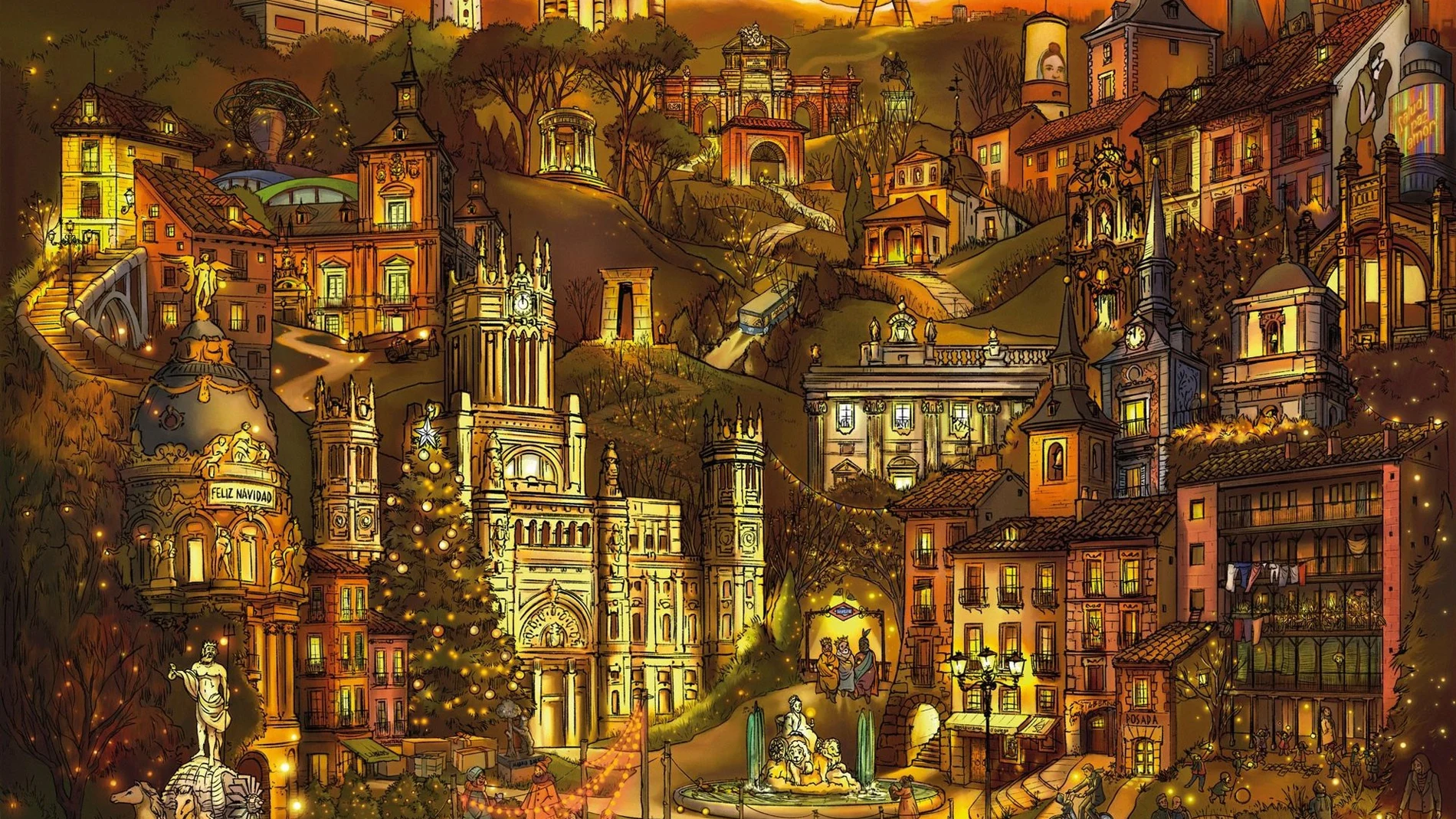 MADRID.-Barcas del Retiro, Torres Blancas y 70 hitos más escondidos en la postal con la que el Ayuntamiento felicita la Navidad