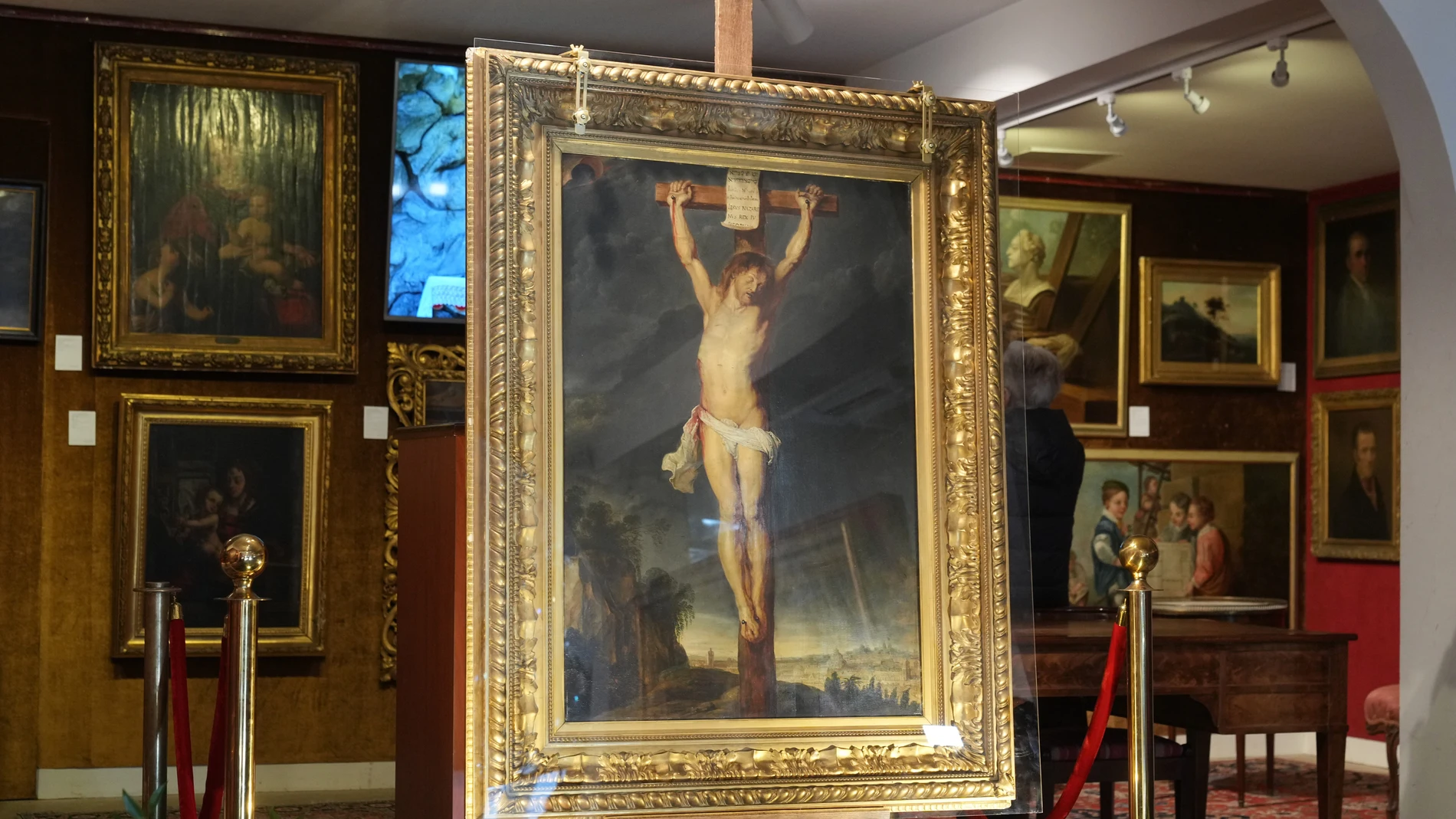 Long-lost painting "Crucifixion of Jesus Christ" by Baroque master Peter Paul Rubens, which was hidden for more than four centuries, is displayed at the auction house Osenat in Versailles, west of Paris, Nov. 30, 2025. (AP Photo/Michel Euler)