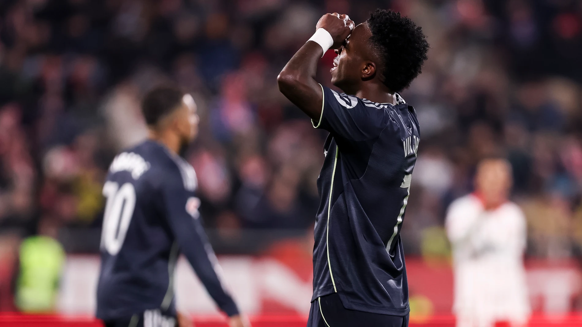 Vinicius Junior of Real Madrid CF laments during the Spanish league, La Liga EA Sports, football match played between Girona FC and Real Madrid C.F. at Montilivi stadium on November 30, 2025 in Girona, Spain. AFP7 30/11/2025 ONLY FOR USE IN SPAIN