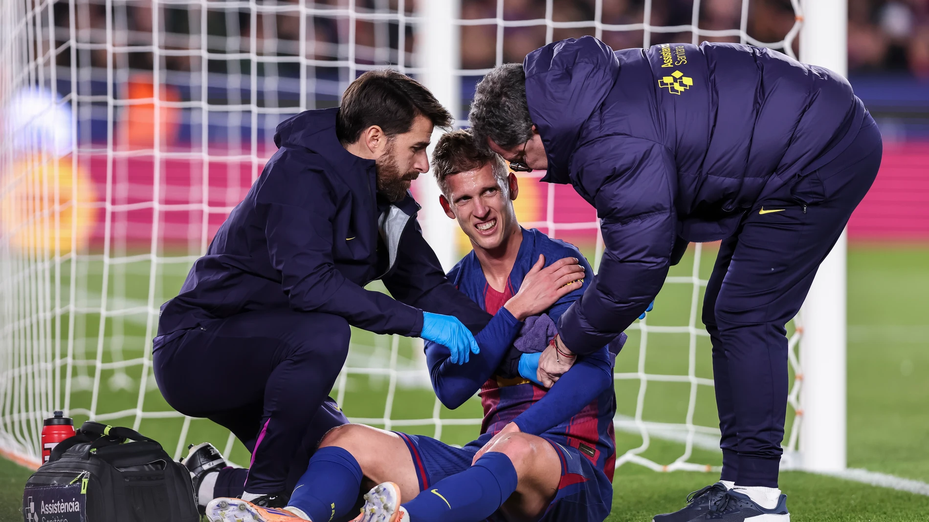 Dani Olmo of FC Barcelona falls injured after scoring a goal during the Spanish league, La Liga EA Sports, football match played between FC Barcelona and Atletico de Madrid at Spotify Camp Nou stadium on December 02, 2025 in Barcelona, Spain. AFP7 02/12/2025 ONLY FOR USE IN SPAIN