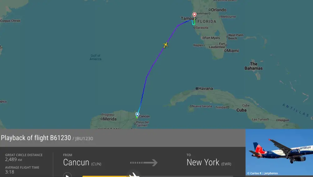 Rastreo del Airbus A320 vuelo B61230 que se vió obligado a aterrizar de emergencia