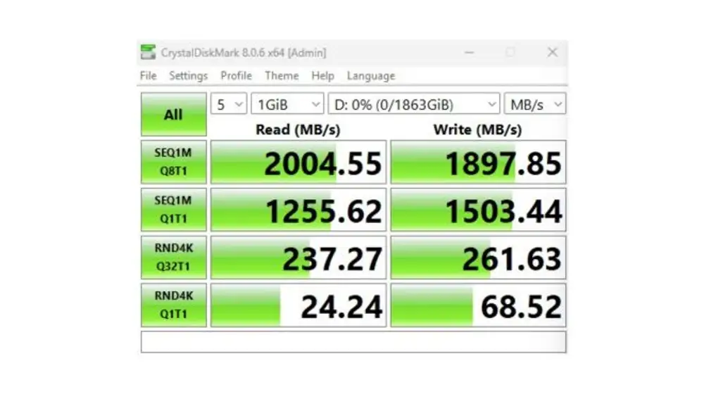 TEAMGROUP MP44Q en CrystalDiskMark como SSD externo
