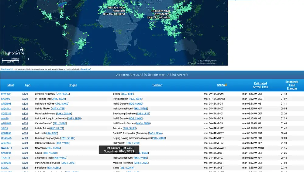 Vuelos Airbus A320 en circulación hoy a las 10:49 CET