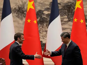France China Macron FILE - French President Emmanuel Macron, left, shakes hands with Chinese President Xi Jinping after meeting the press at the Great Hall of the People in Beijing on April 6, 2023. (AP Photo/Ng Han Guan, Pool, File)