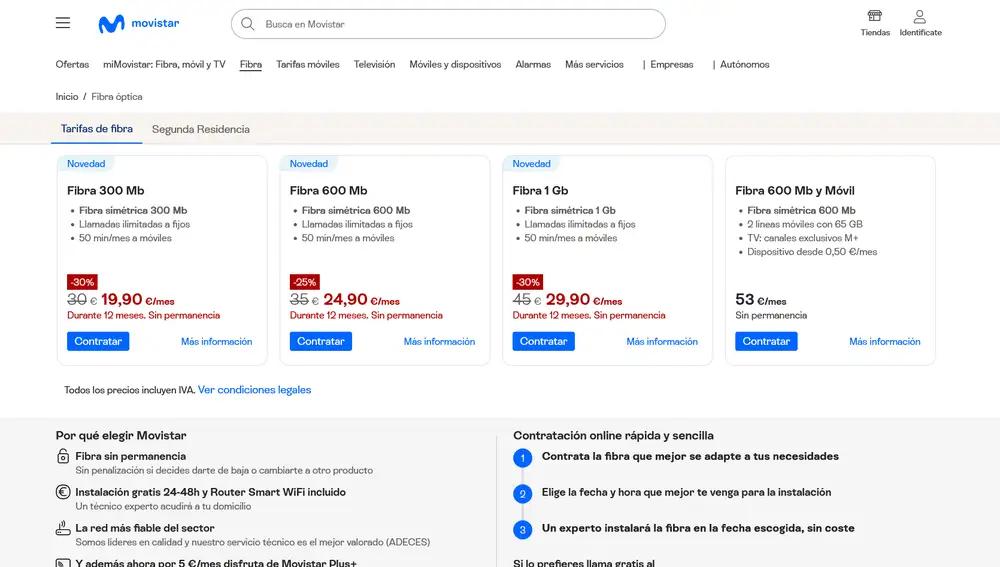Tarifas de fibra en la web de Movistar