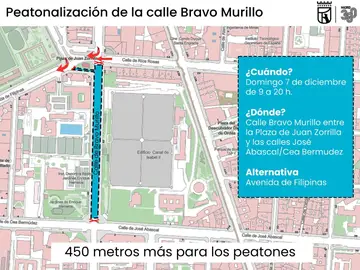 El Ayuntamiento volverá a peatonalizar este domingo un tramo de Bravo Murillo coincidiendo con el puente de diciembre Mapa de la peatonalización de la calle de Bravo Murillo. REMITIDA / HANDOUT por AYUNTAMIENTO DE MADRID Fotografía remitida a medios de comunicación exclusivamente para ilustrar la noticia a la que hace referencia la imagen, y citando la procedencia de la imagen en la firma 03/12/2025