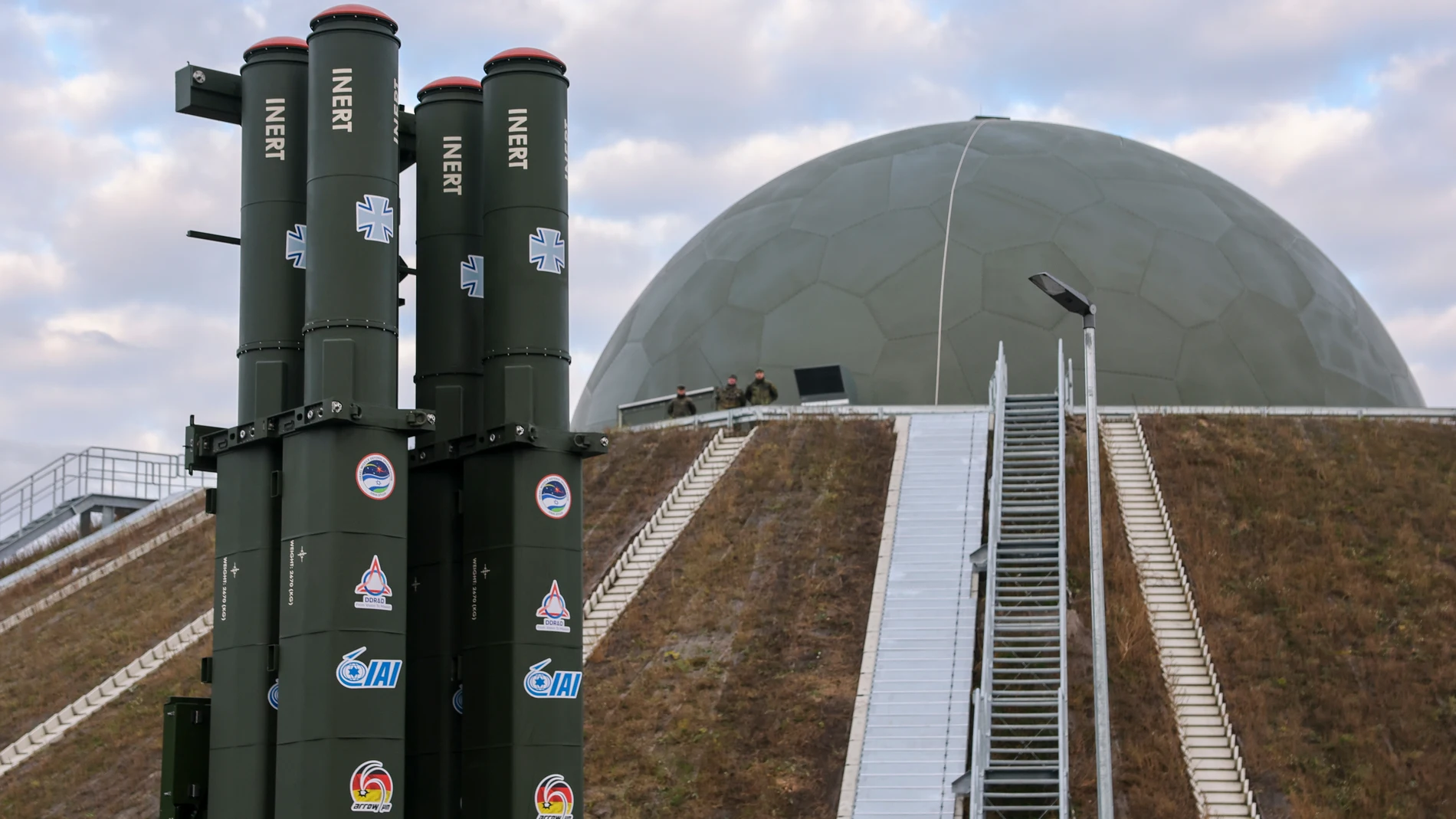 The launcher of the new Arrow 3 missile defense system stands in front of the radome in Annaburger Heide, Germany, Wednesday, Dec. 3, 2025. (Jan Woitas/dpa via AP)