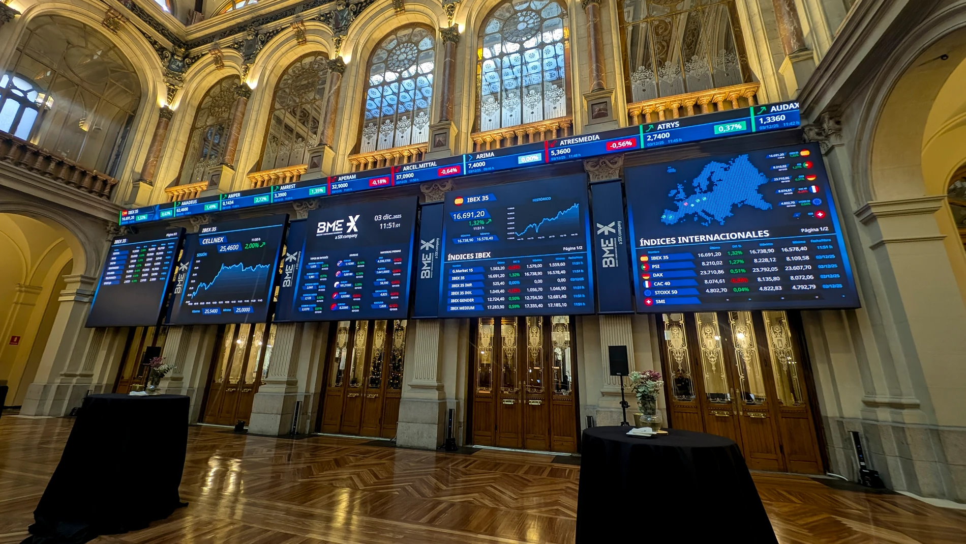 MADRID, 03/12/2025.- La subida de las acciones de Inditex, un 8 %, después de presentar sus resultados de los nueve primeros meses de su ejercicio fiscal han propiciado que la bolsa española registrara esta mañana un nuevo máximo histórico intradía cerca de 16.700 puntos, según datos del mercado. A las diez horas, el principal indicador del mercado nacional, IBEX 35, ganaba 205,7 puntos, equivalentes al 1,31 %, hasta 16.678,8 puntos. En el año acumula una subida del 43,84 %.-EFE/ Vega Alonso