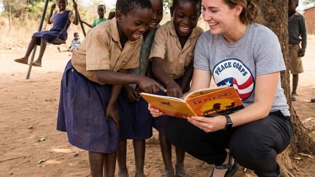 Imagen generada por inteligencia artificial con el texto: “voluntario ayuda a niños en África” Imagen generada por inteligencia artificial con el texto: “voluntario ayuda a niños en África”