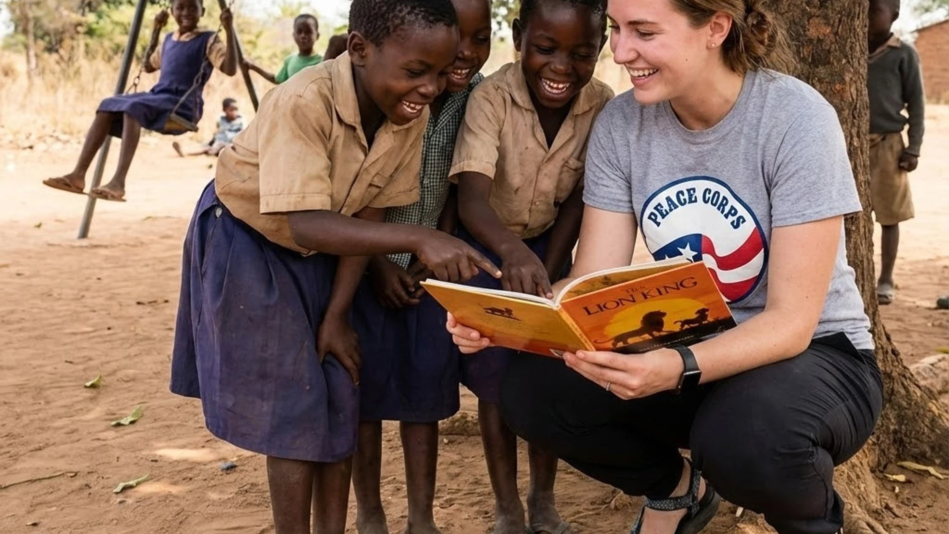 Imagen generada por inteligencia artificial con el texto: “voluntario ayuda a niños en África”