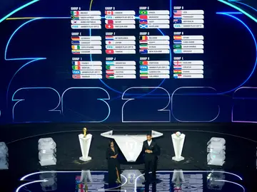 WCup Draw Soccer Broadcaster Samantha Johnson and former England soccer captain Rio Ferdinand speak during the draw for the 2026 soccer World Cup at the Kennedy Center in Washington, Friday, Dec. 5, 2025. (AP Photo/Alex Brandon)