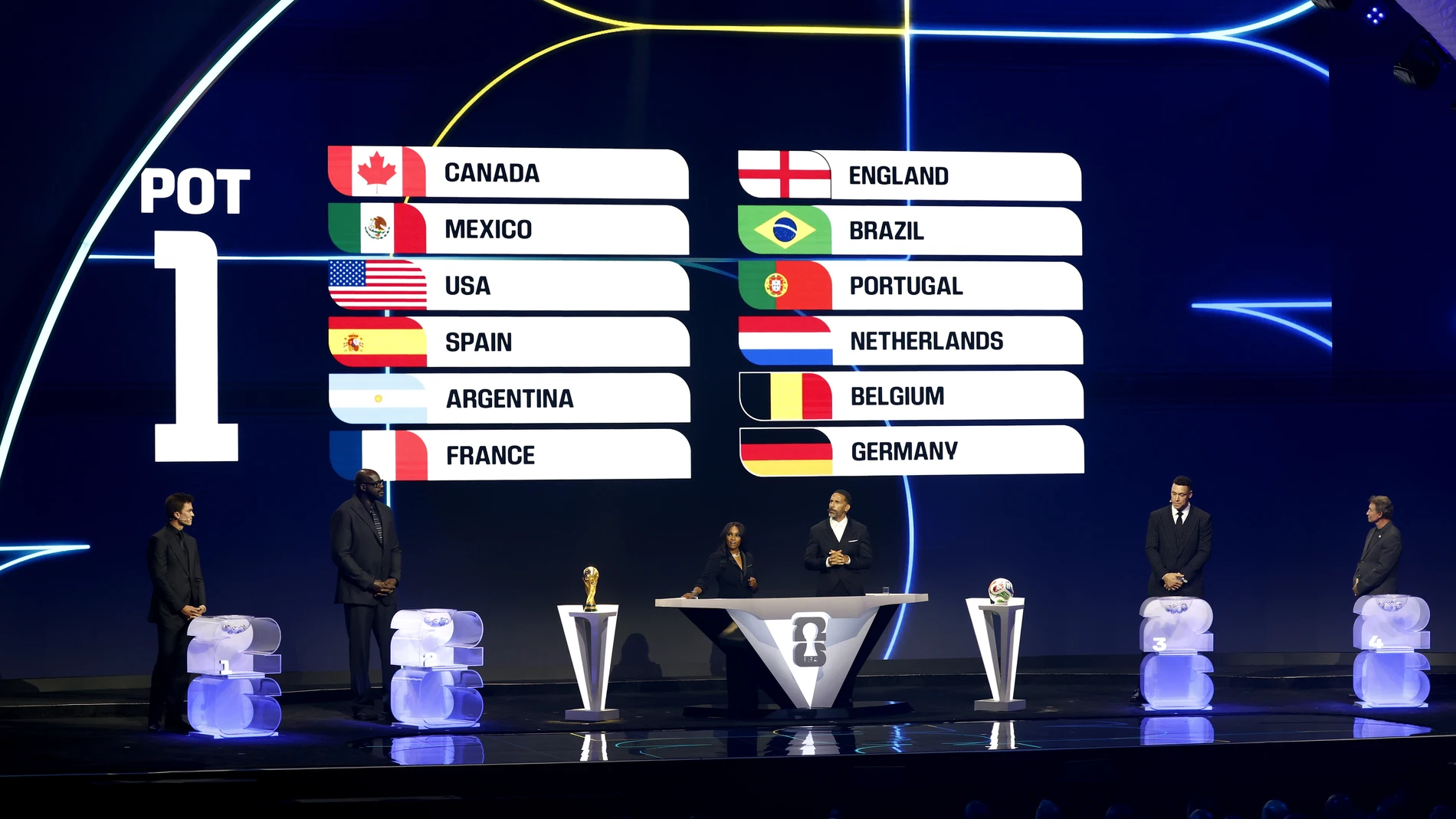 WASHINGTON (United States), 05/12/2025.- The seeded nations in Pot 1 are shown during the FIFA World Cup 2026 Final Draw at the Kennedy Center in Washington DC, USA, 05 December 2025. (Mundial de Fútbol) EFE/EPA/WILL OLIVER