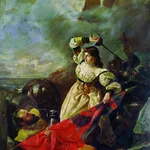 Pie: María Pita cargando contra los ingleses (1889), óleo sobre lienzo de Arturo Fernández Cersa (1866-1937), Patrimonio Artístico Municipal da Coruña.