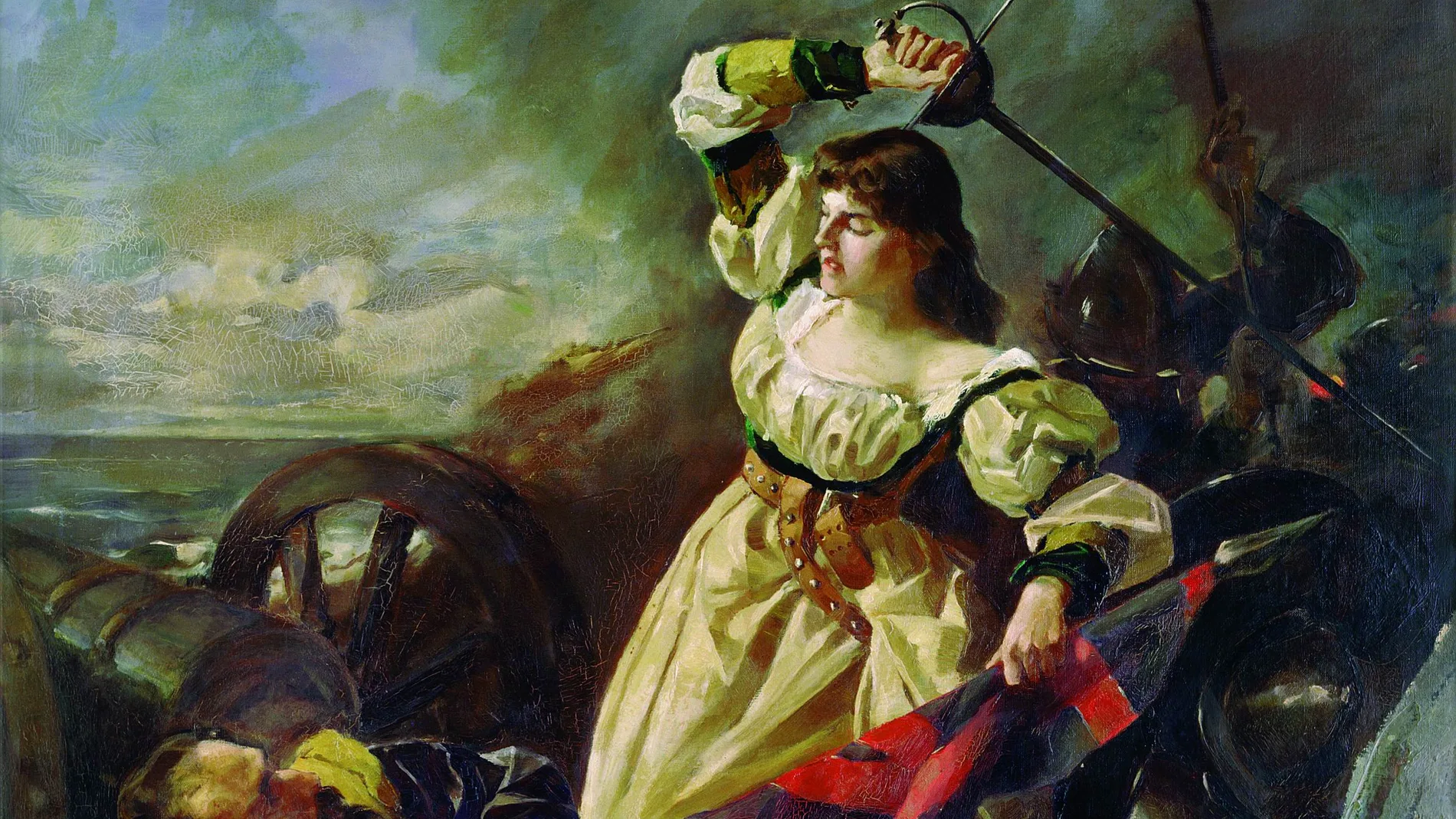 Pie: María Pita cargando contra los ingleses (1889), óleo sobre lienzo de Arturo Fernández Cersa (1866-1937), Patrimonio Artístico Municipal da Coruña.