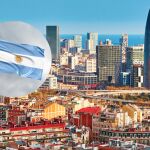 Imagen de Barcelona junto a una bandera de Argentina