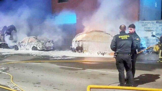 Estado en la que quedaron los dos coches incendiados en San Crist&oacute;bal de Segovia