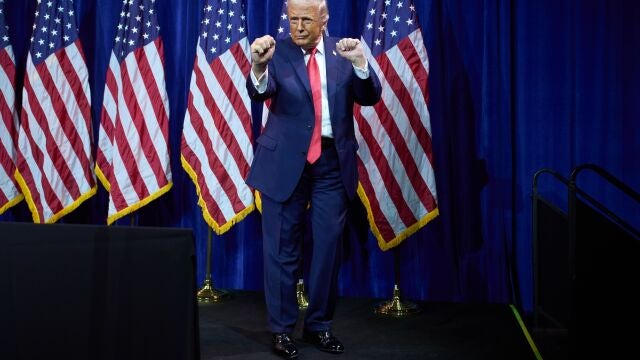 President Donald Trump dances as he walks off stage after speaking to House Republican lawmakers during their annual policy retreat, Tuesday, Jan. 6, 2026, in Washington. 