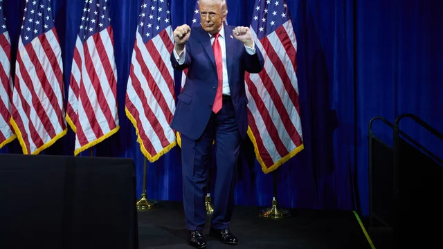 President Donald Trump dances as he walks off stage after speaking to House Republican lawmakers during their annual policy retreat, Tuesday, Jan. 6, 2026, in Washington.