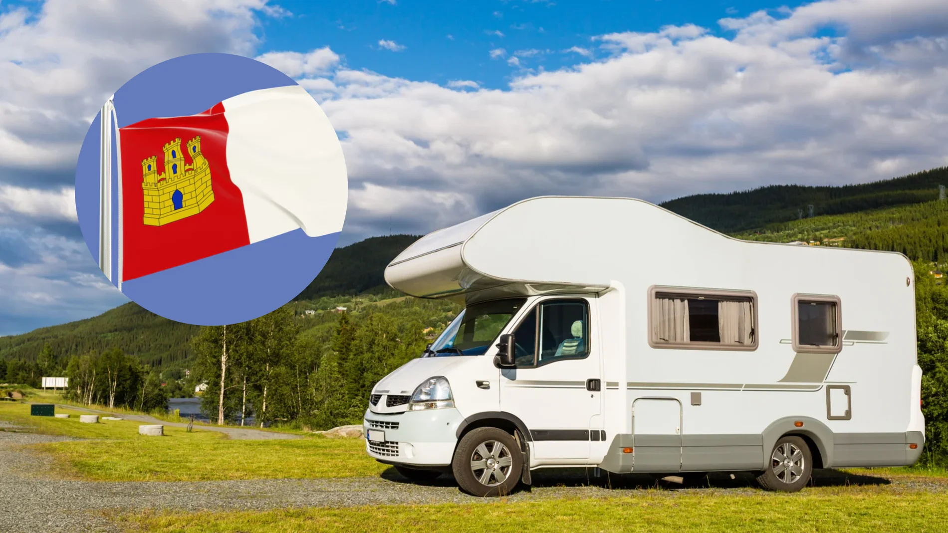 Imagen de una autocaravana y una bandera de Castilla-La Mancha