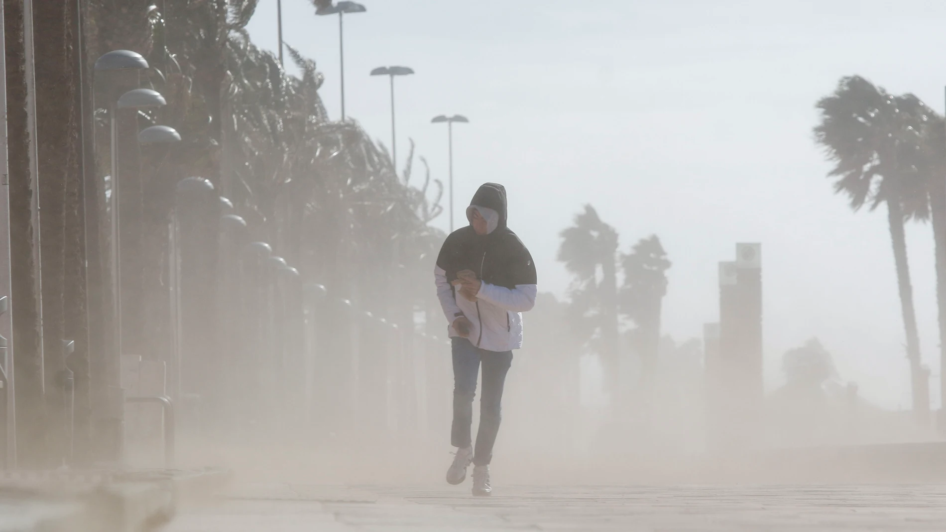 Un hombre camina por el Paseo Marítimo de Almería entre el fuerte viento que se registra en Almería