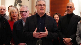 Britain's Prime Minister Keir Starmer speaks to members of a business delegation during his visit to China, Wednesday, Jan. 28, 2026 in Beijing, China. (Carl Court/Pool Photo via AP)